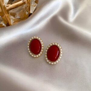 Red Faux Pearl Decor Oval Stud Earrings