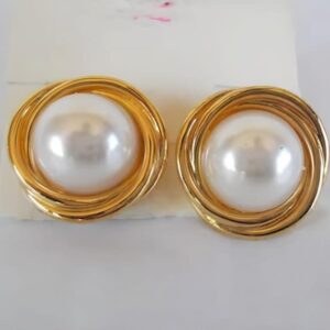 Gold Tone Twisted Knot And White Pearl Clip Earrings