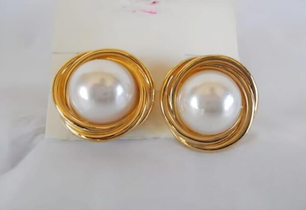 Gold Tone Twisted Knot And White Pearl Clip Earrings