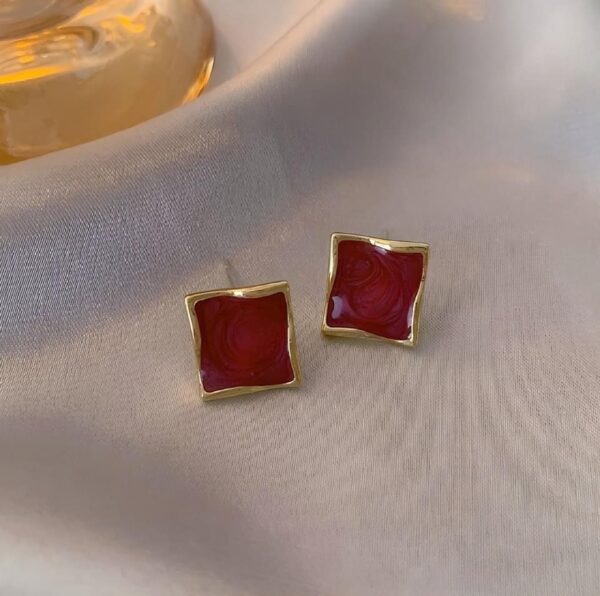 French Retro Red Enamel Square Earrings