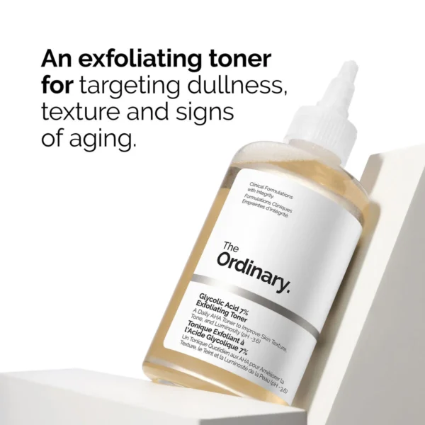 The Ordinary Glycolic Acid 7% Exfoliating Toner Ingredients Aqua (Water), Glycolic Acid, Rosa Damascena Flower Water, Centaurea Cyanus Flower Water, Aloe Barbadensis Leaf Water, Propanediol, Glycerin, Triethanolamine, Aminomethyl Propanol, Panax Ginseng Root Extract, Tasmannia Lanceolata Fruit/Leaf Extract, Aspartic Acid, Alanine, Glycine, Serine, Valine, Isoleucine, Proline, Threonine, Histidine, Phenylalanine, Glutamic Acid, Arginine, Pca, Sodium Pca, Sodium Lactate, Fructose, Glucose, Sucrose, Urea, Hexyl Nicotinate, Dextrin, Citric Acid, Polysorbate 20, Gellan Gum, Trisodium Ethylenediamine Disuccinate, Sodium Chloride, Hexylene Glycol, Potassium Sorbate, Sodium Benzoate, 1,2-Hexanediol, Caprylyl Glycol. Our formulations are updated from time to time as part of our commitment to innovation. As such, the ingredient list shown here may vary from the box of the product depending on time and region of purchase. Previously Glycolic Acid 7% Toning Solution